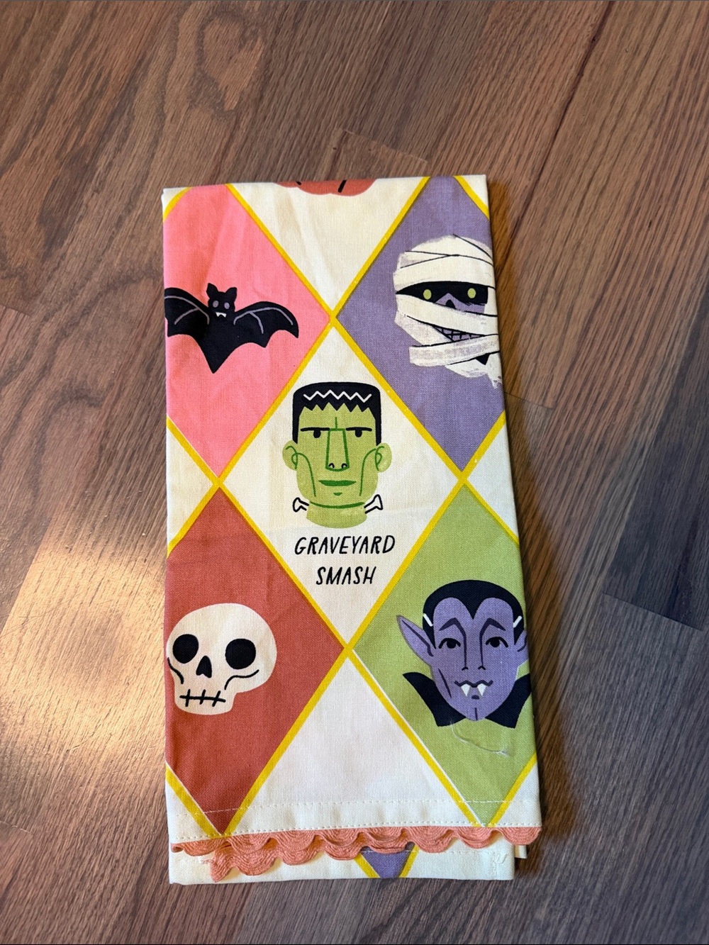 Anthropologie Halloween Panel Print Tea Towel - Pink, Purple, Green, Cream
